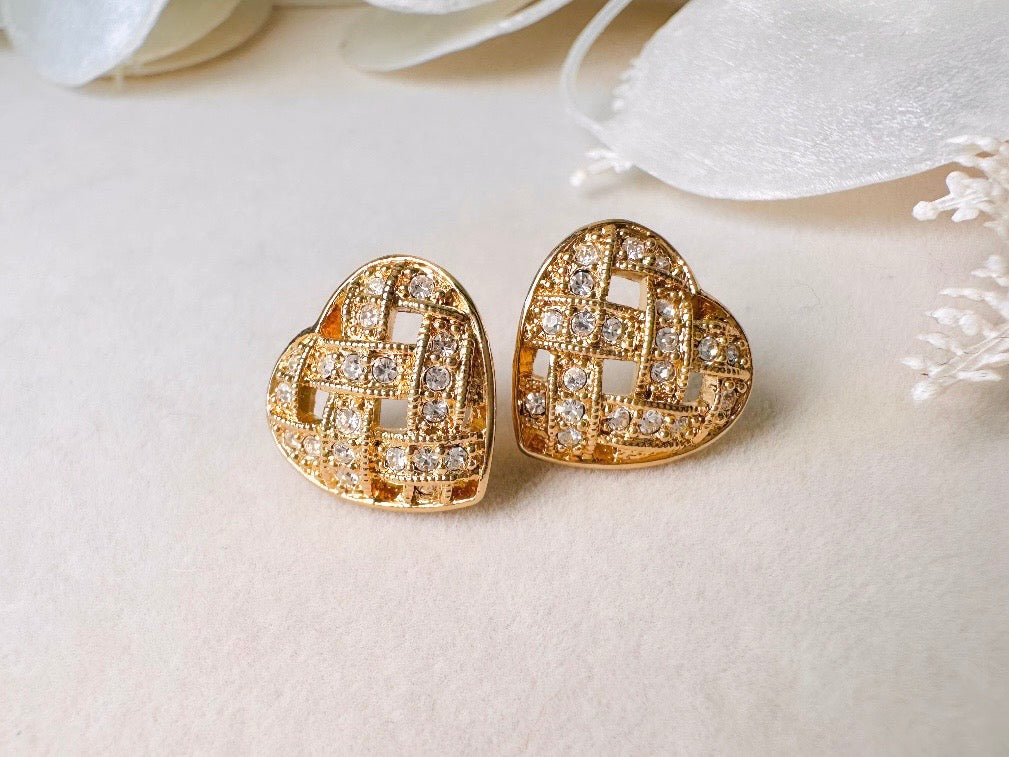 Napier Heart Earrings, Woven Gold Pave Crystal Designer Vintage Earrings