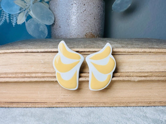 Yellow + White Wing Earrings, Vintage Pierced Earrings, Light Mustard Yellow Cute Enamel 1970s Earrings, Fun Retro Pop Vintage Earrings