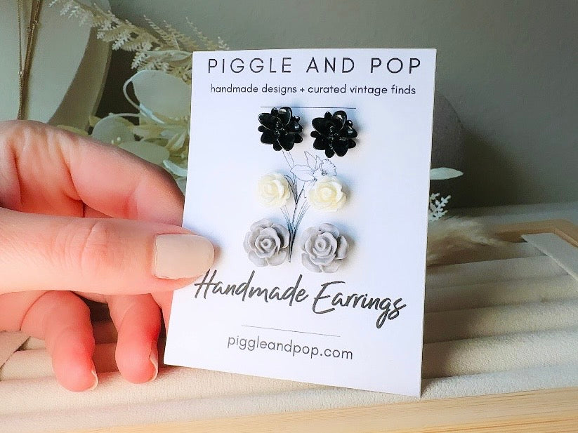 Black White Grey Flower Stud Earrings Set, Small Resin Flower Earrings, Monochrome Post Earrings, Matte and Glossy Black and White Earrings