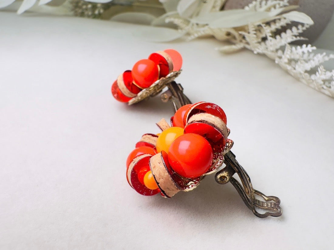Vintage Japanese Earrings, Colorful 60s Earrings in Red + Orange with Wood and Sequins, Beaded Clip On Earrings