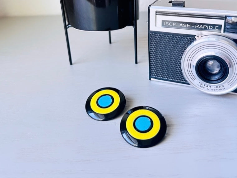 Yellow + Teal Blue + Black Oversized Acrylic Pierced Earrings, Colorful Vintage 1960s Bullseye Earrings, Fun 60s Pop Music Vintage Earrings