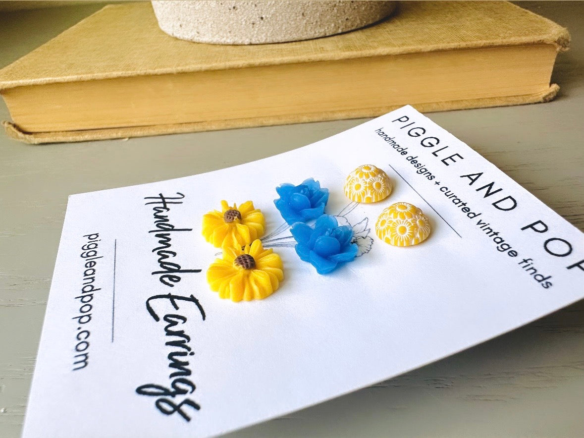 Blue and Yellow Flower Earrings Gift Set, Cute Country Floral Hypoallergenic Surgical Steel Stud Earring, Yellow Gerber Daisy Earrings FSE3