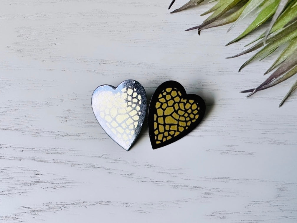 Mosaic Heart Earrings, Black and Gold Enamel Metal Heart Pierced Earrings, Unique Vintage Textured Metal Heart Pierced Post Earrings