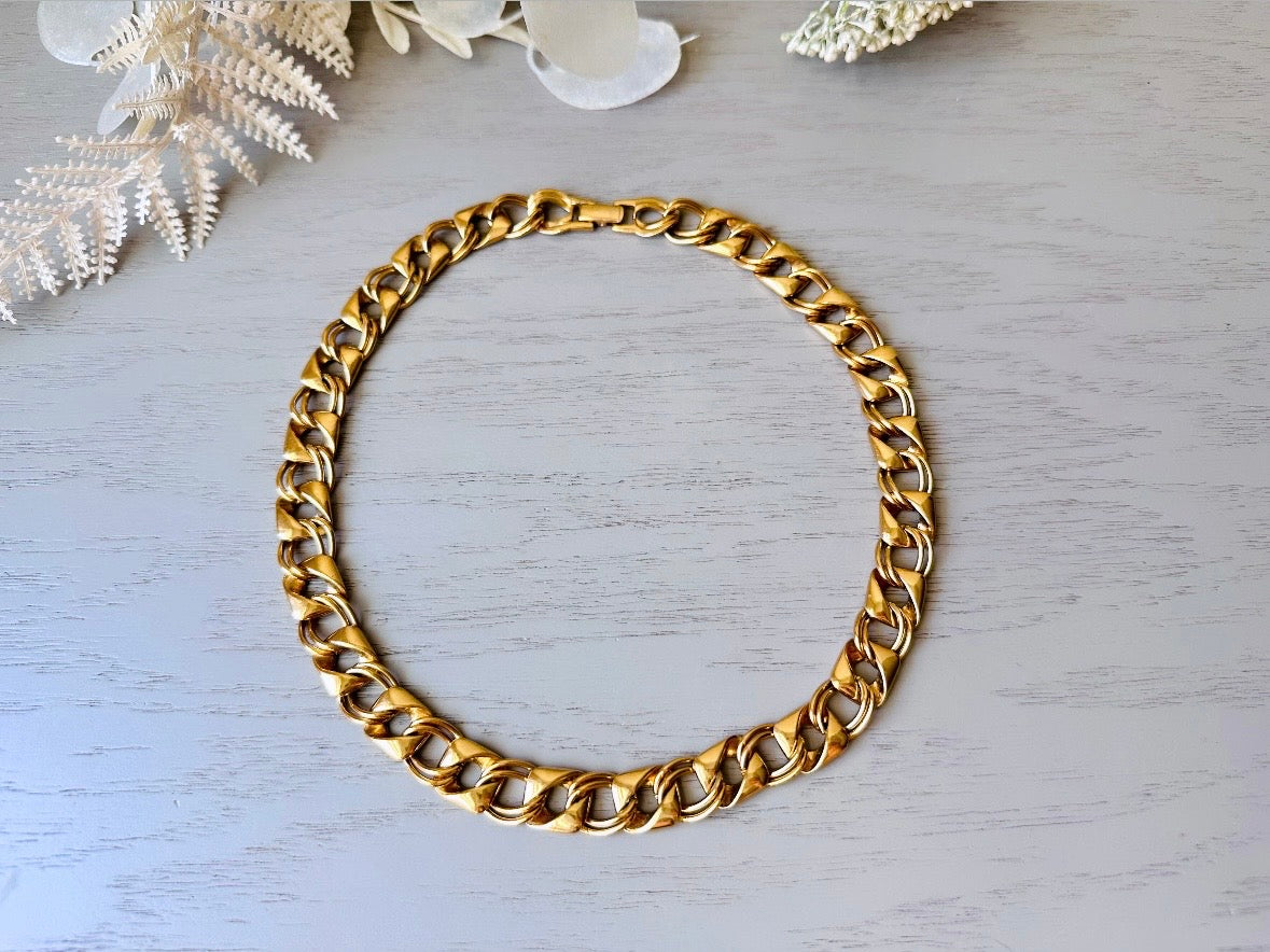 Gold Vintage Chain Necklace, Chunky Gold Necklace with Double Curb Link and Rounded Square, Bold 80s Mogul Style, Authentic Vintage Jewelry