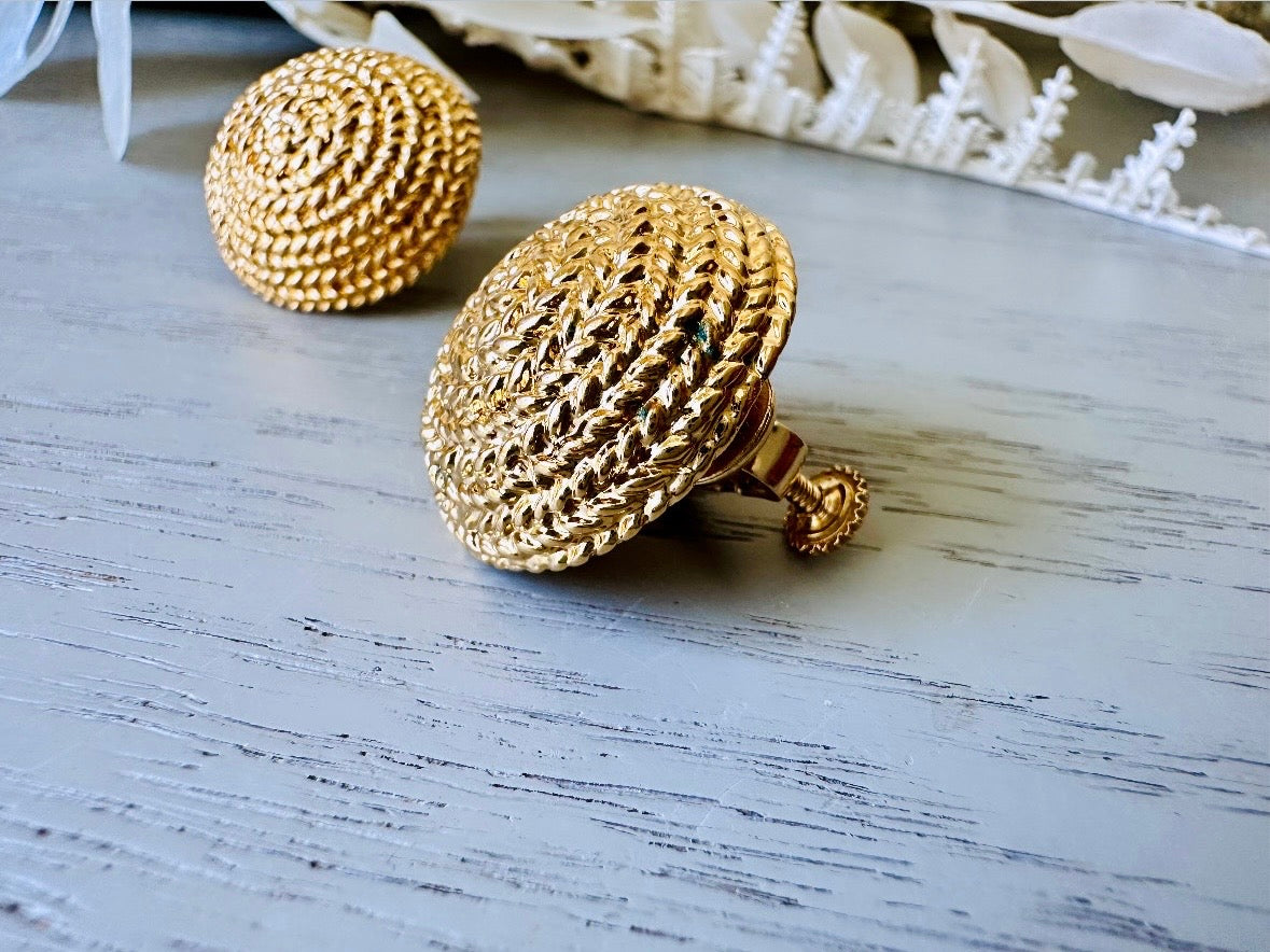 Gold Napier Earrings, 1980s Domed Rope Earrings, Classic Glam Clip On Earrings, 1980s  Retro Designer Signed Designer Napier Earrings