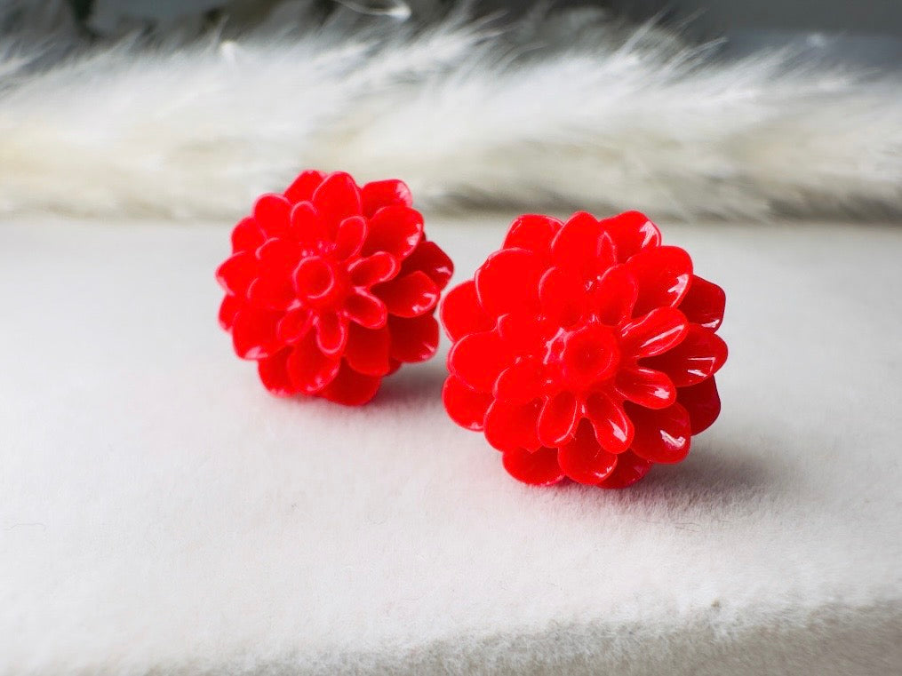 Red Flower Earrings, Handmade Floral Cabochon Resin Stud Earrings with Hypoallergenic Posts