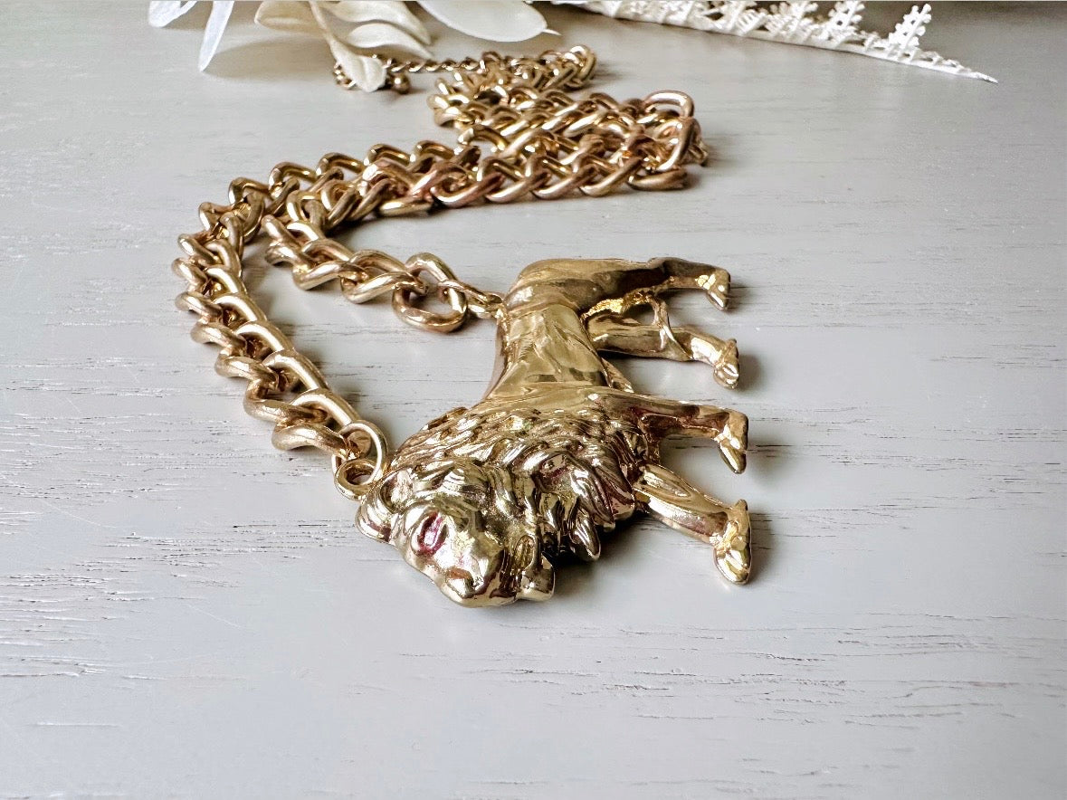 Vintage Gold Lion Necklace, Leo Zodiac Necklace, Big Bold Gold Lion Pendant Necklace, Eye Catching Runway Statement Necklace