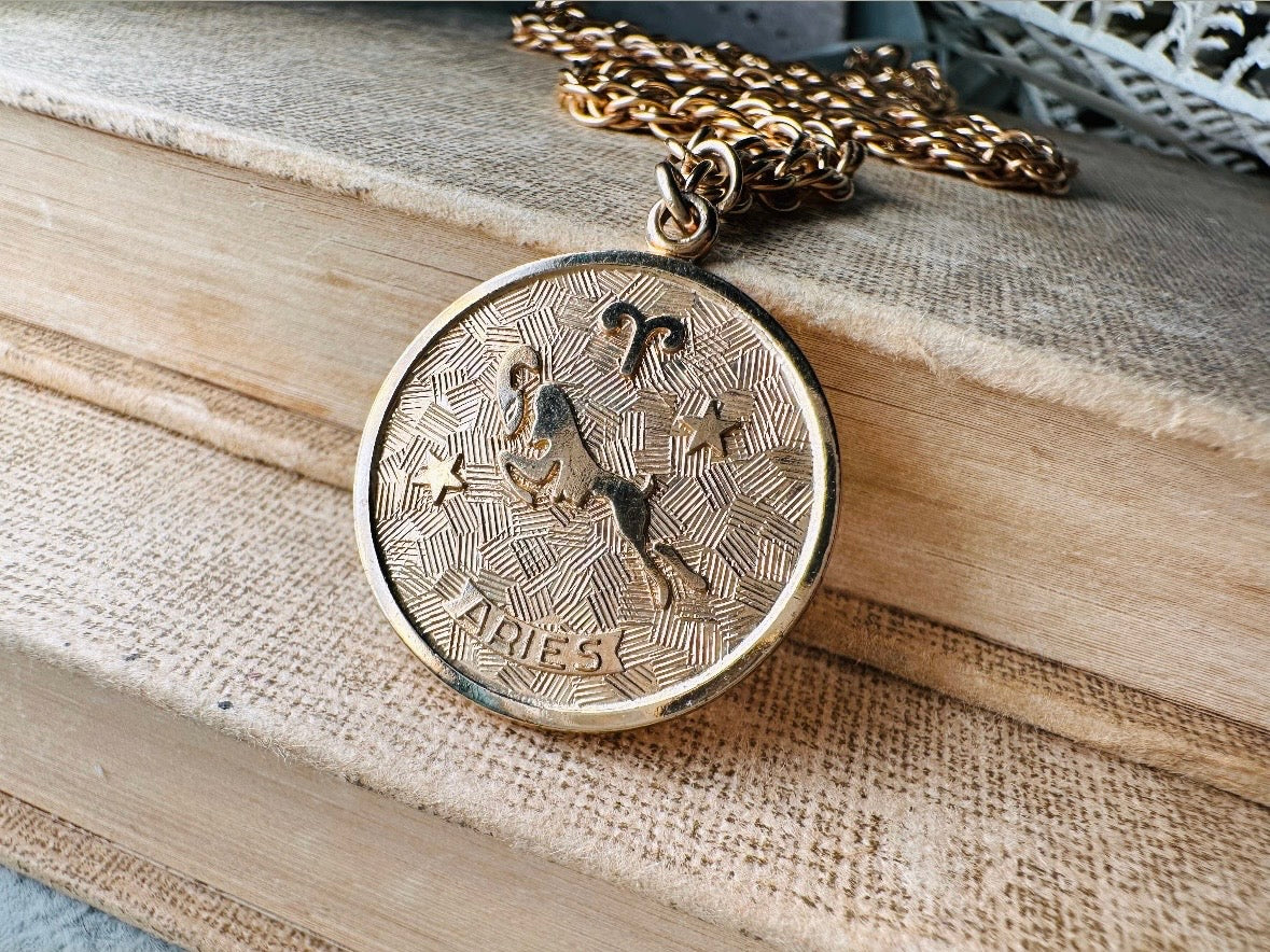 Vintage Aries Zodiac Necklace, Star Sign Astrology Necklace, Unique Birthday Necklace, 20" Long Gold Coin Aries Astrology Pendant Necklace