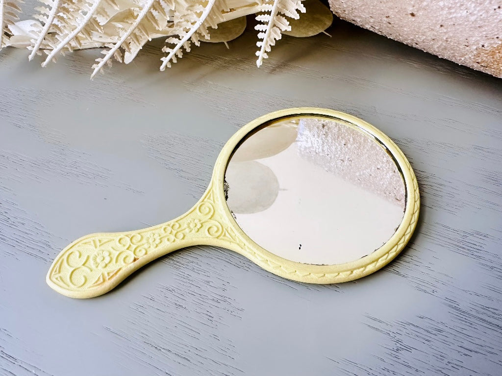 Vintage 60s Yellow Hand Mirror, Embossed Flower Pastel Yellow Vintage 1960’s Cute Mirror, Vtg 60s Girl's Handheld Makeup Mirror