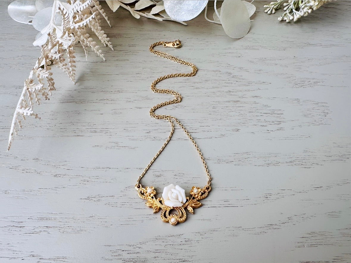 Porcelain Rose Necklace, Vintage 1970s Necklace, 18" Gold Flower Necklace, Tiny Pearls Scrolled Pendant, Dainty Victorian Revival Necklace