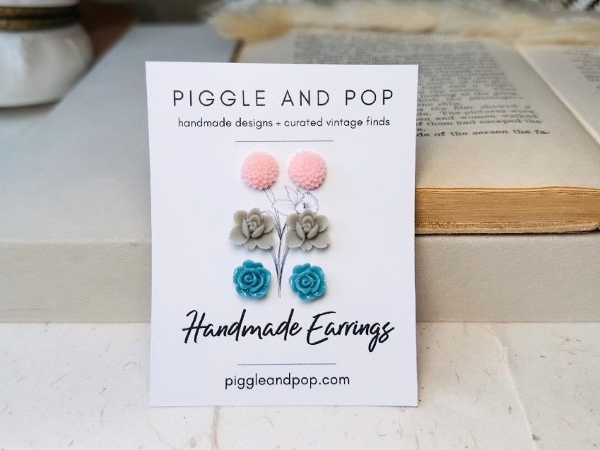 Flower Post Earrings Set in Pink Grey and Teal, Hypoallergenic for Sensitive Ears
