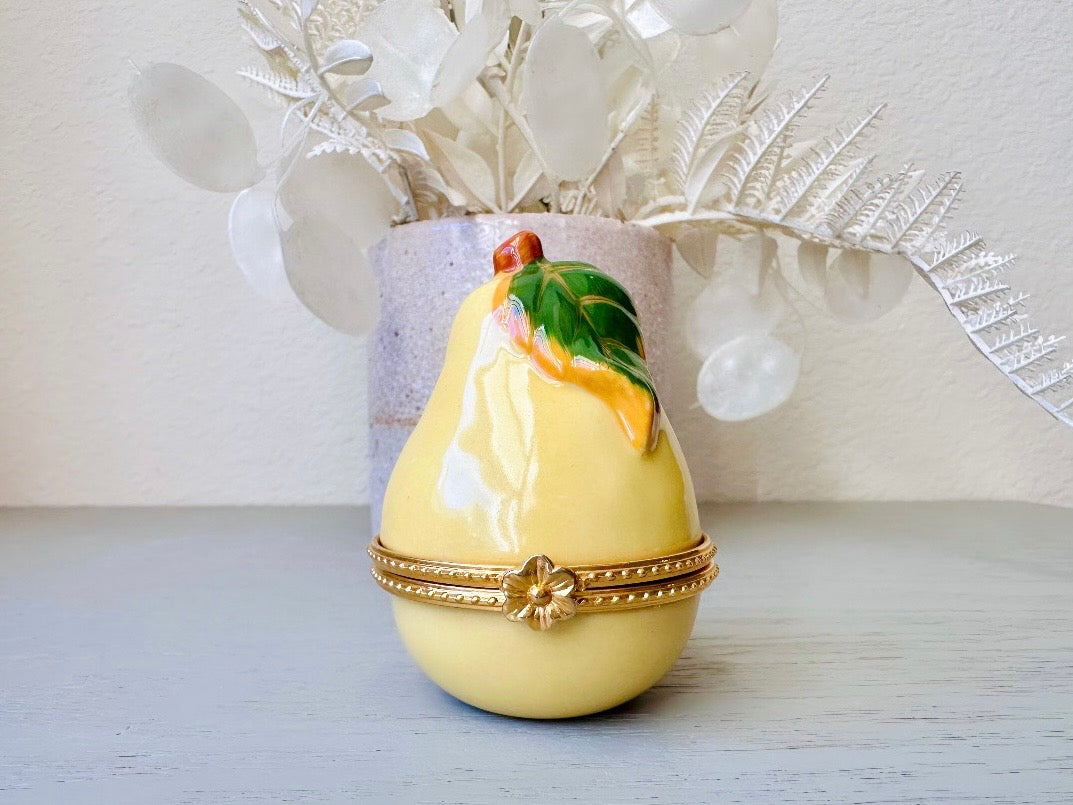 Vintage Pear Trinket Box, French Country Vintage Porcelain Vanity Dresser Mini Jewelry Box, Golden Pear with Green Leaves + Gold Accents