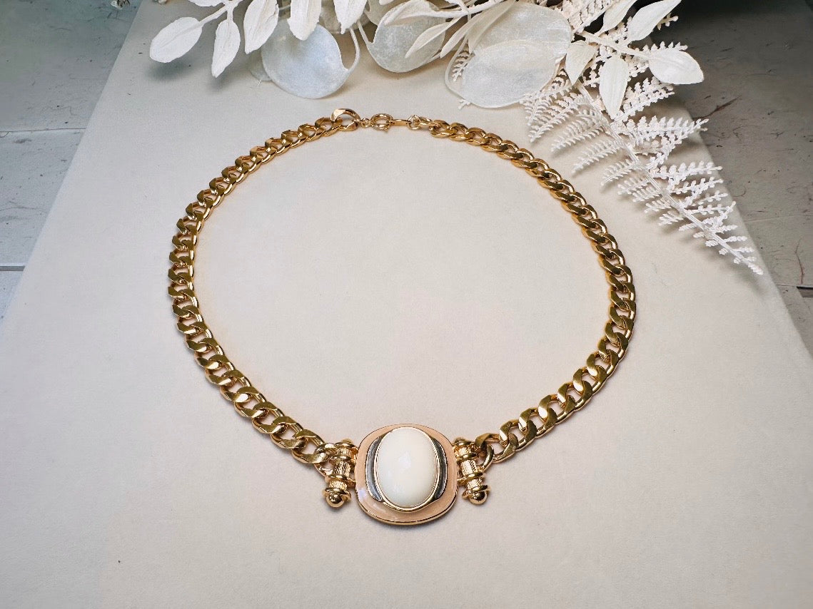 Vintage Trifari Chain Choker Necklace with Cream Cabochon Focal, 1970s Abstract Enamel and Chunky Gold Chain Geometric Necklace