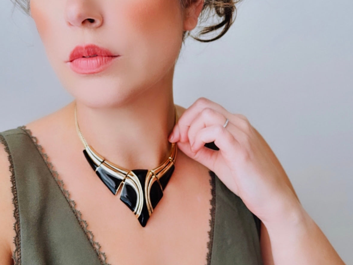 Vintage Black Enamel Choker Necklace, Classic Gold and Black, Enameled Retro Gold Collar Necklace, 80's Geometric Statement Necklace