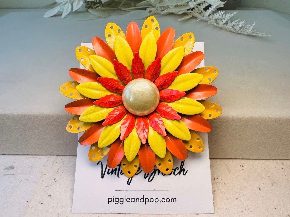 Huge Vintage Flower Brooch, Oversized 1960s Mod Flower Power Enamel Pin in Yellow Orange + Red, Colorful Floral Pin with Pearl Center