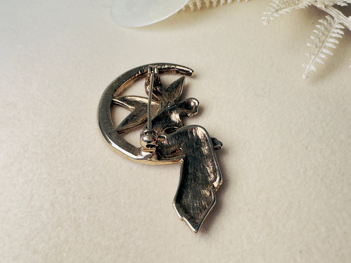 Vintage Liz Claiborne Enameled Fairy & Crescent Moon Brooch Pin