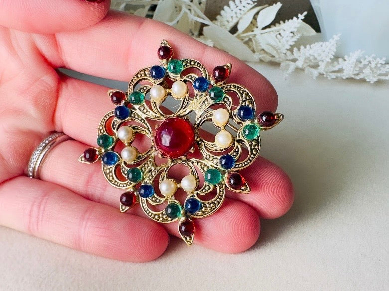 Vintage Maltese Cross Brooch Pin, Ornate Byzantine Jewel Tone Glass Cabochons, Faux Pearls & Intricate Gold Tone Openwork Filigree