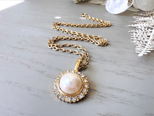 Pearl Pendant Necklace, Vintage Gold Necklace, Gold Pearl Drop Necklace Pendant with Diamond Rhinestones, Romantic VTG Gold Chain Necklace