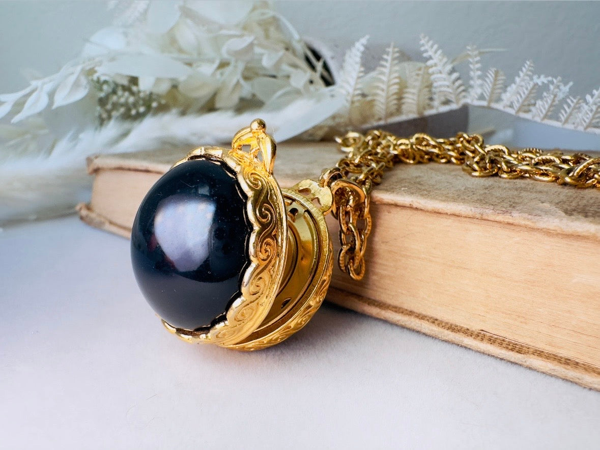 Black Locket Necklace, Sphere Locket Pendant Necklace on Extra Long Gold Chain, Vintage Liz Claiborne Necklace