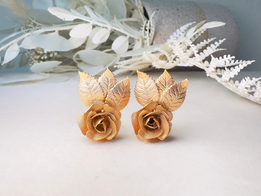 Gold Rose Earrings, Vintage 1960s Clip On Earrings, Sculptutal Gold Leaf Bridal Mesh Rose MCM 60's Clip Earrings, Designer Signed Judy Lee