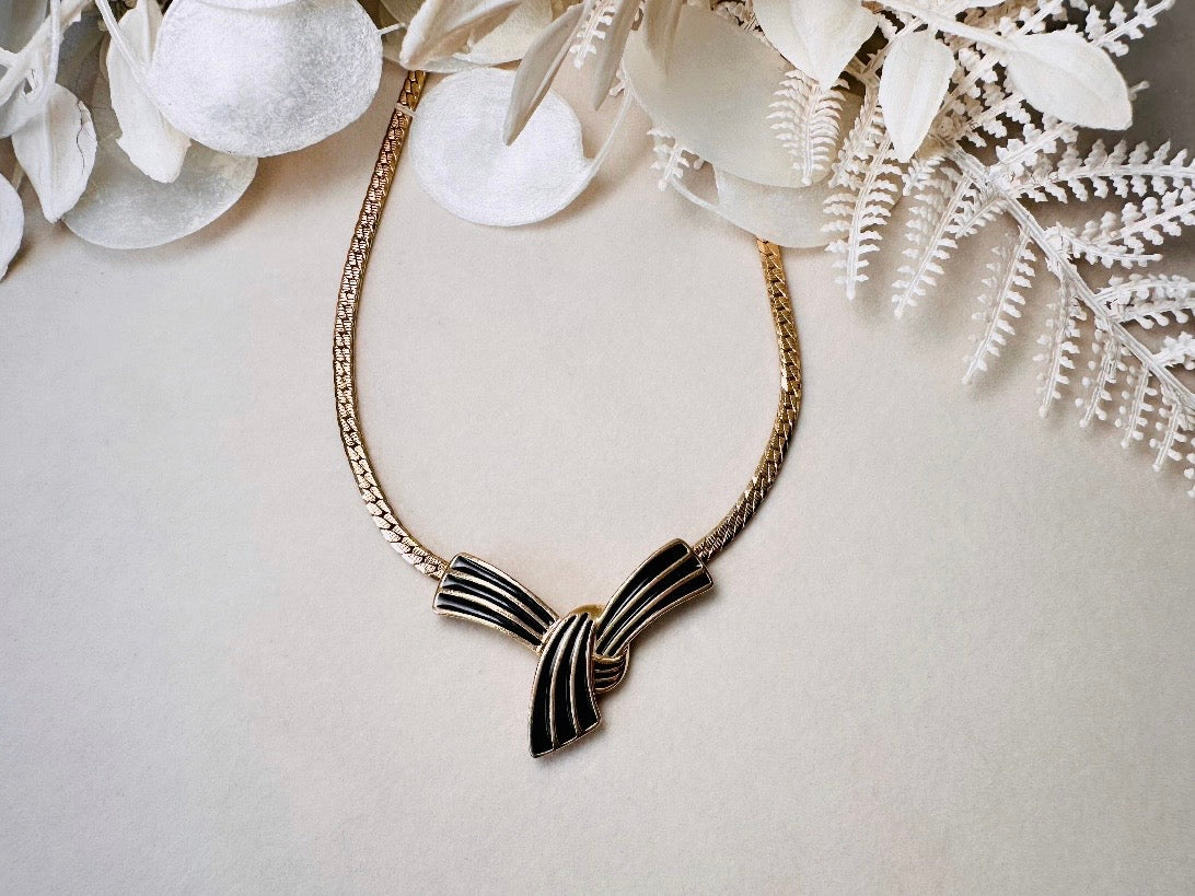 Vintage Trifari Bow Necklace, Black and Gold Ribbon Pendant Necklace on Gold Herringbone Chain