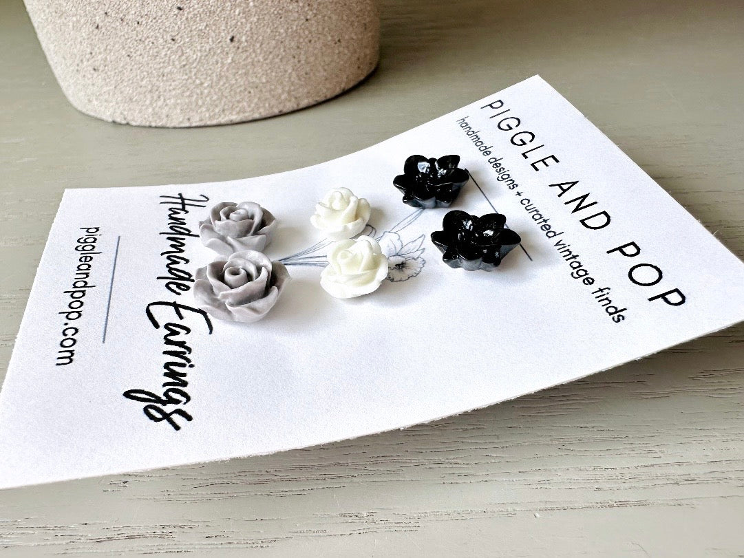 Black White Grey Flower Stud Earrings Set, Small Resin Flower Earrings, Monochrome Post Earrings, Matte and Glossy Black and White Earring Stud Set FSE3