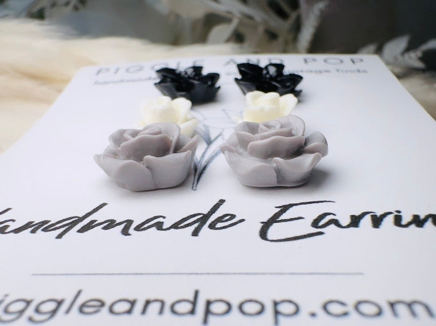 Black White Grey Flower Stud Earrings Set, Small Resin Flower Earrings, Monochrome Post Earrings, Matte and Glossy Black and White Earrings