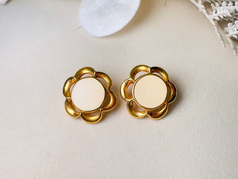 Gold Flower Earrings with Cream Enamel Center, Vintage Floral Post Earrings Signed JS