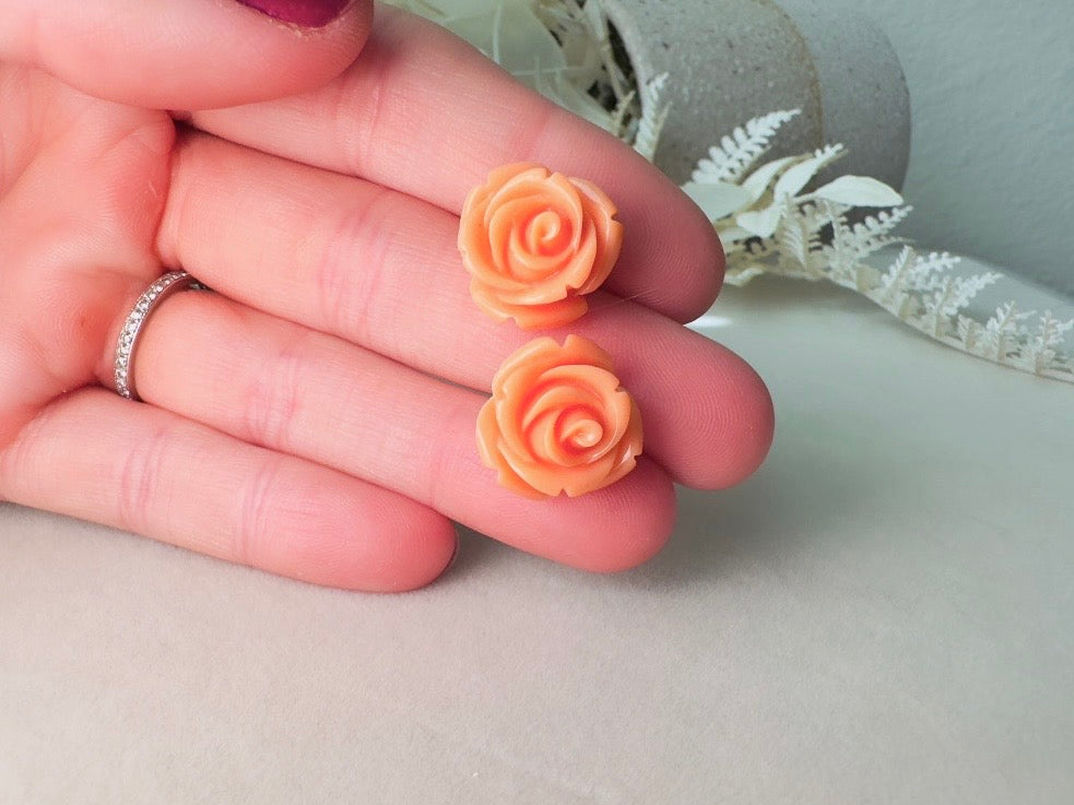 Orange Rose Earring, Light Orange Sorbet Summer Earrings, Colorful Cute Large Rose Stud Earrings, Resin Cabochon Rosettes, Hypoallergenic