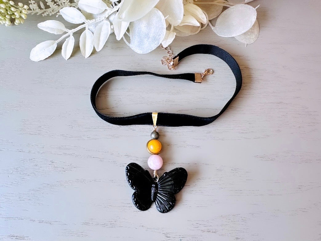 Gemstone Butterfly Choker, Whimsical Handmade Black Velvet Choker Necklace, Whimsigoth Rose Quartz Yellow Jade & Pyrite Orbs Black Butterfly