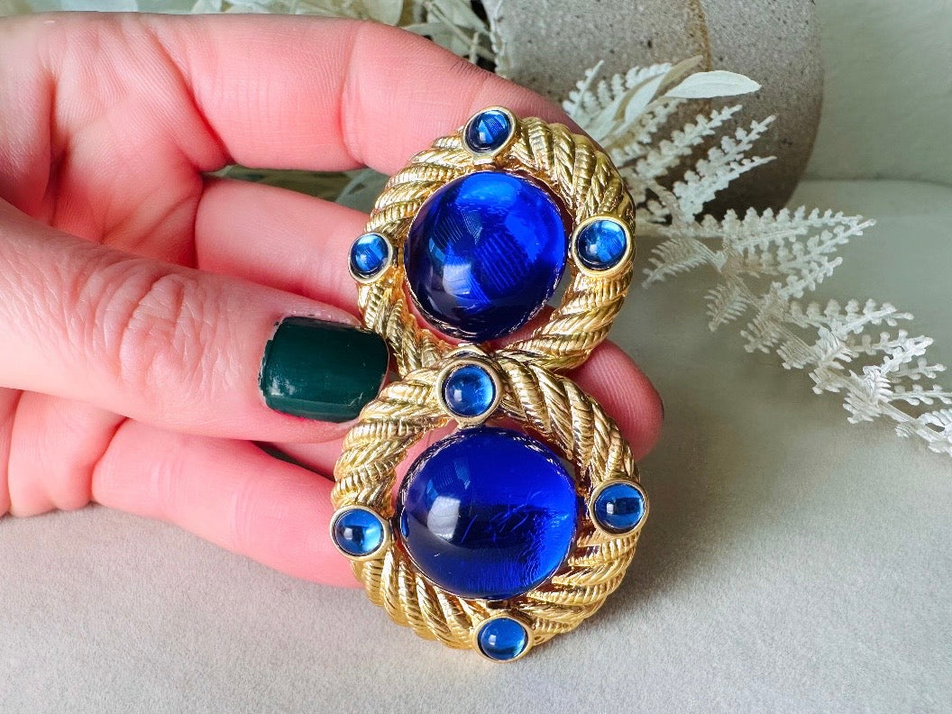 Cobalt Blue Gold Rope Earrings, Vintage Park Lane Earrings with Deep Blue Glowing Cabochons