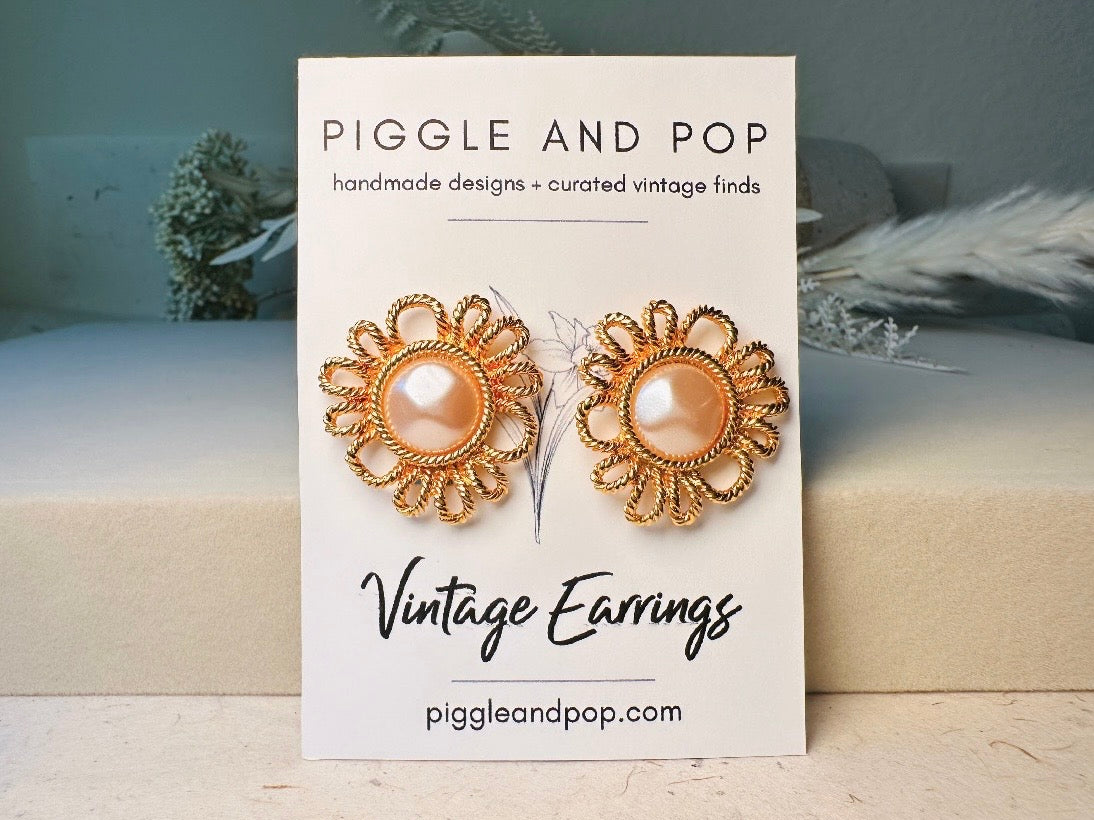 Vintage Blush Pearl Earrings, Gorgeous Pink Faux Pearl Cabochon & Burnished Gold Floral Clip On Earrings