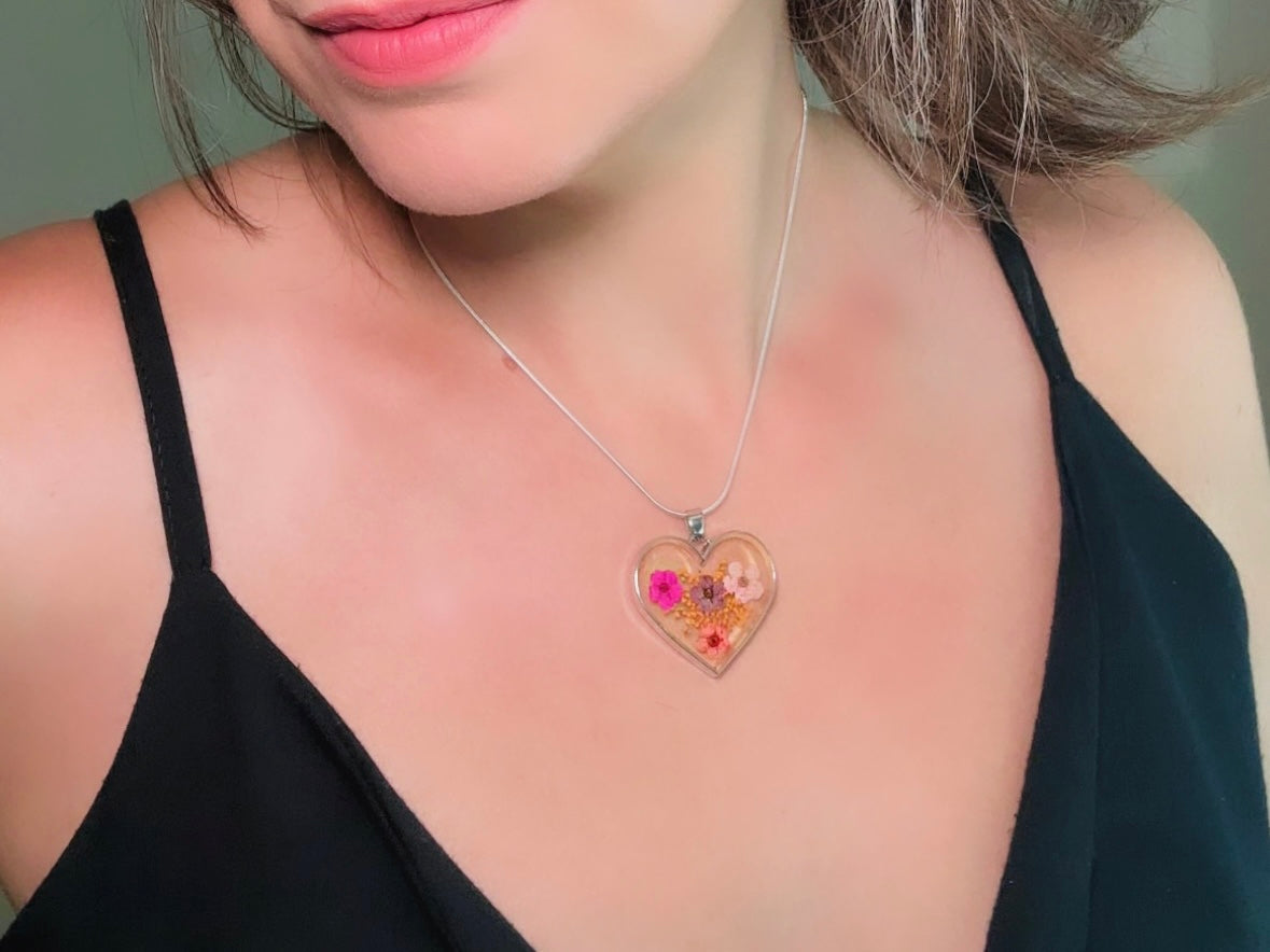 Dried Flower Heart Necklace, Pink Orange and Yellow Pressed Flower Pendant Necklace on Silver 16" Skinny Snake Chain, Cute Heart Necklace