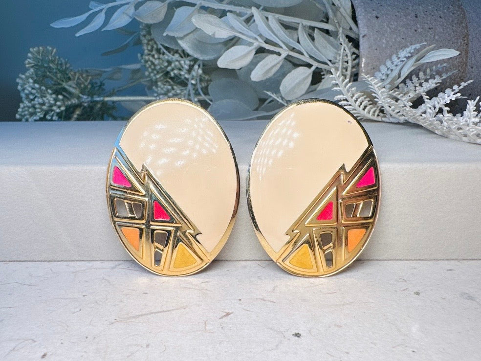 Big Vintage Earrings, 1980s Cream Pink Yellow Gold Oversized Oval Triangle Geometric Berebi 80s Designer Enamel Lace Cut Out Earrings