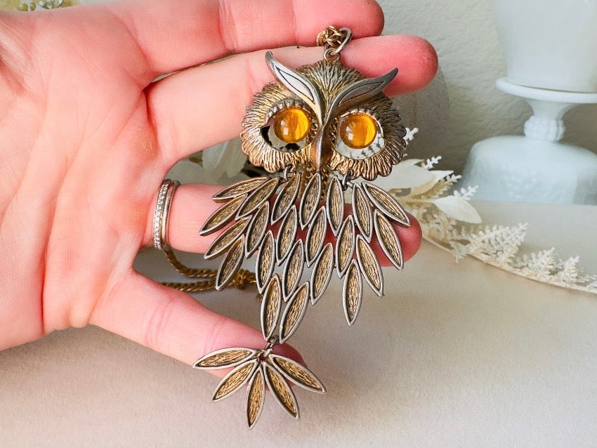 Gold Owl Pendant Necklace, Vintage 1970s Articulated Statement Necklace
