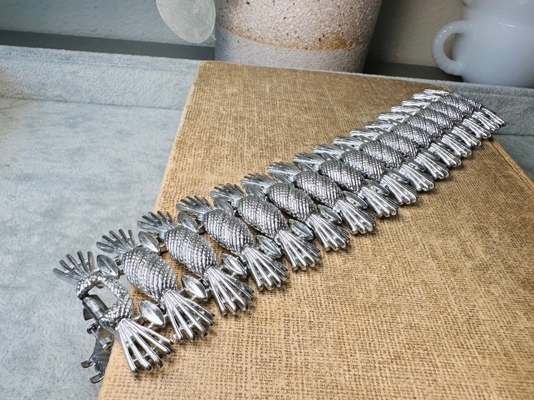 Vintage Silver Bracelet, Thick Articulated Metal Panel Bracelet, Large Chunky Silver Sarah Coventry Simply Elegant Pineapple Bracelet