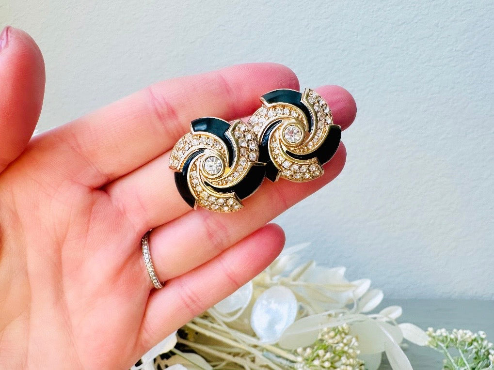 Black Rhinestone Spiral Earrings, Vintage Gold Earrings Black Enamel & Channel Set Diamond Rhinestones, Clip On Earrings for Nonpierced Ears