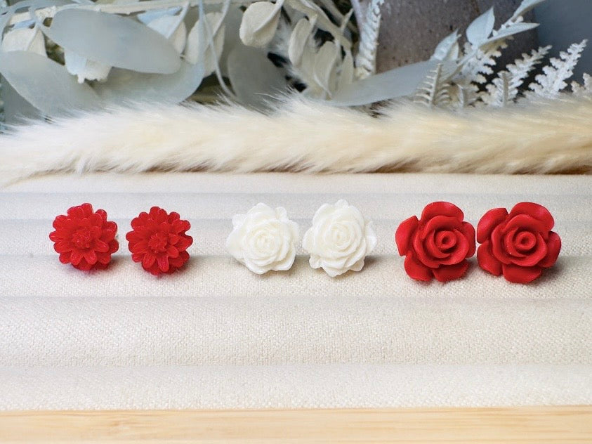 Flower Earrings Set in Red and White, Rose and Daisy Handmade Floral Resin Stud Earrings with Hypoallergenic Posts
