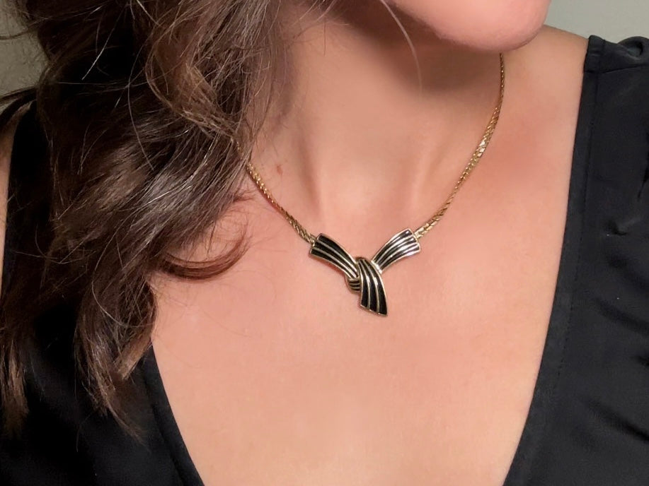 Vintage Trifari Bow Necklace, Black and Gold Ribbon Pendant Necklace on Gold Herringbone Chain