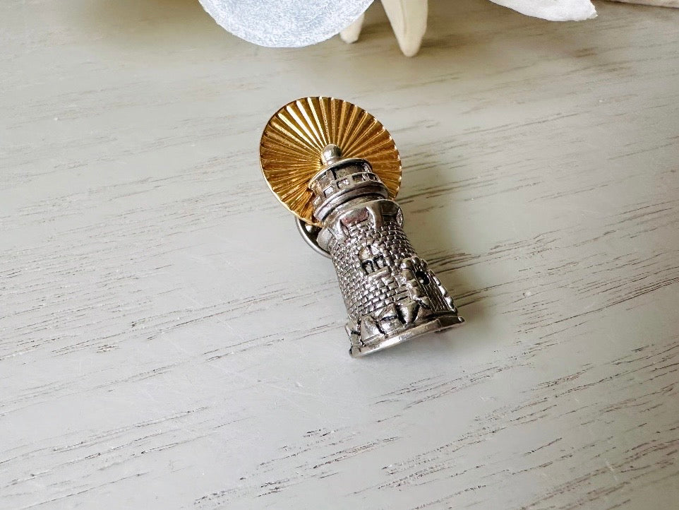 Vintage Lighthouse Pin, Silver and Gold Tie Tack Lapel Pin, Detailed Golden Beacon Nautical Birthday, Mariner Groom Accessories