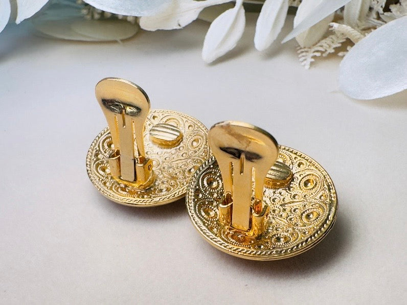 1928 Ornate Gold & Amber Resin Cabochon Vintage Statement Earrings
