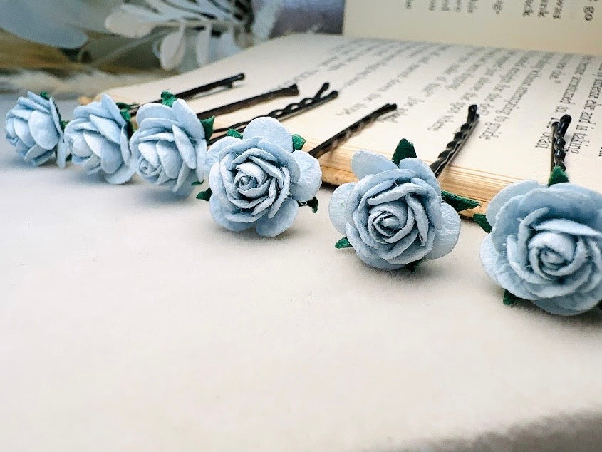 Ice Blue Flower Hair Pins, Handmade Mulberry Paper Rose Bridal Bobby Pins