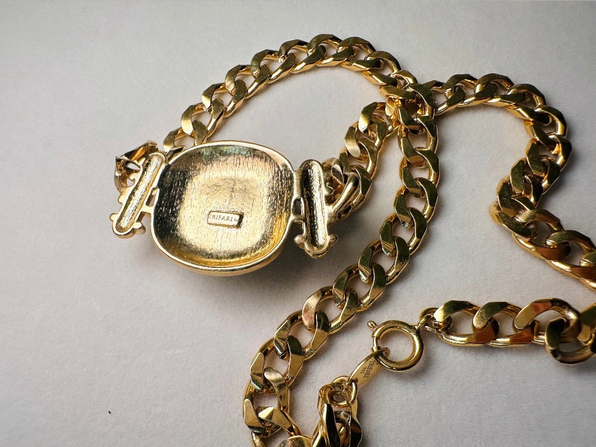 Vintage Trifari Chain Choker Necklace with Cream Cabochon Focal, 1970s Abstract Enamel and Chunky Gold Chain Geometric Necklace