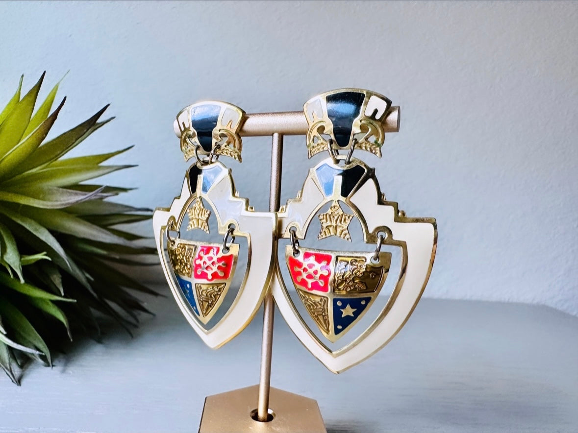 Huge Vintage Shield Berebi Earrings, 1980s Runway Chic Earrings, Dramatic Maximalist Earrings, Pierced Enamel Coat of Arms Earrings