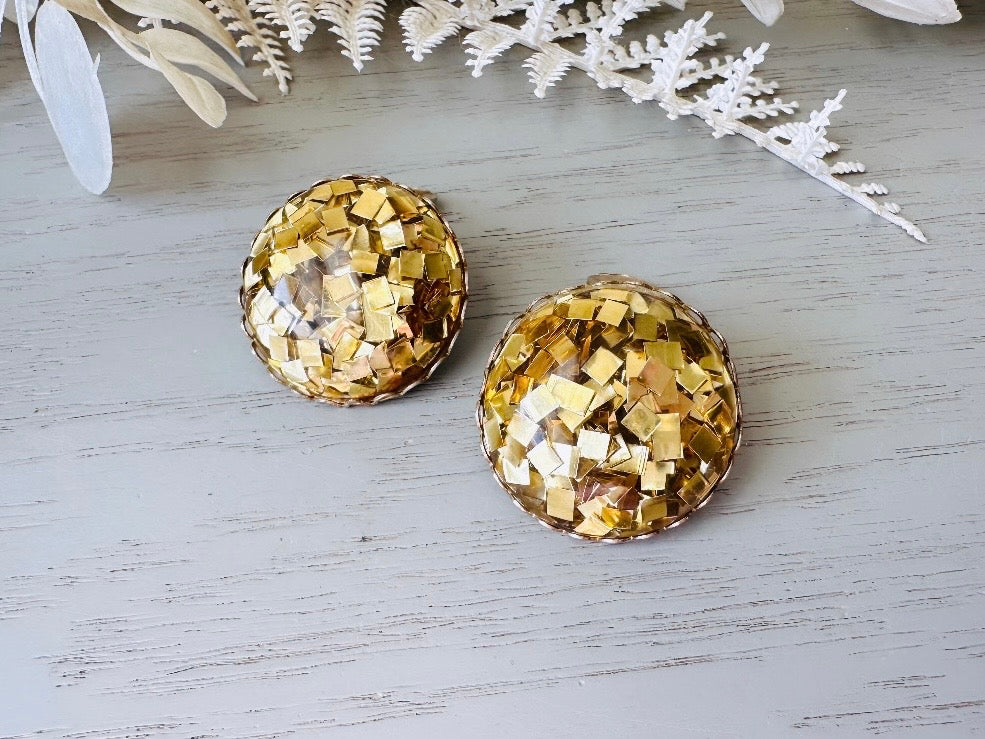 Gold Confetti Earrings, Sparkling Gold Foil Party Earrings, Fun Vintage Confetti Earrings, Clip On Gold Foil Glitter Earrings