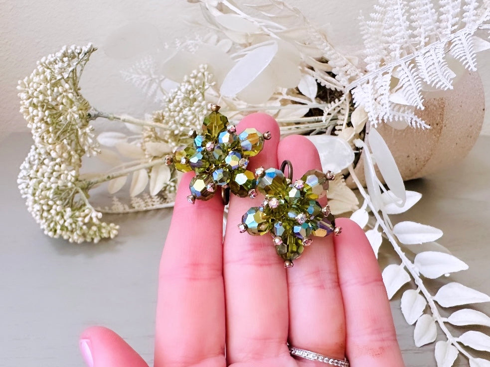 Green Cocktail Earrings, Vintage Rhinestone Cluster Earrings, Starburst 1960's Peridot Crystal Clip On Earrings, Winter Glam Holiday Jewelry