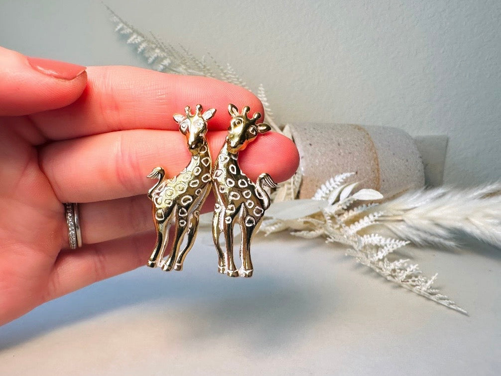 Vintage Giraffe Earrings, White and Gold Pierced Post Earrings with Moveable Head, Convertable Stud to Dangle Earrings, Animal Lover Gifts