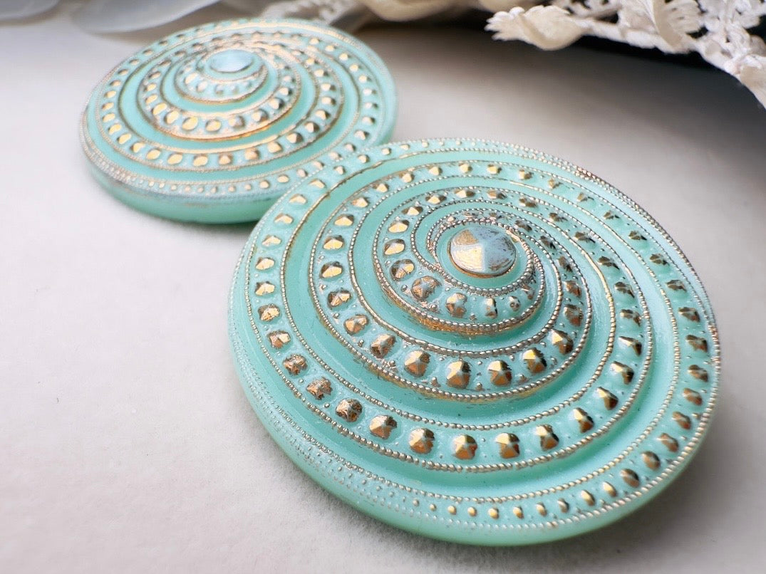 Vintage Mint Glass Earrings, Incredibly Unique Gold Spiral Disc Clip Ons, Seafoam Green Oversized Art Deco Vintage Statement Earrings