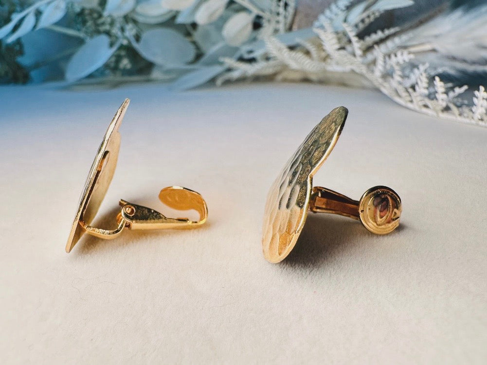 Gold Heart Earrings, Textured Hammered Gold Heart Shaped Clip on Earrings