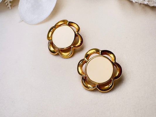 Gold Flower Earrings with Cream Enamel Center, Vintage Floral Post Earrings Signed JS